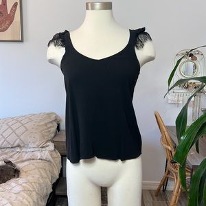 Lace sleeves detail taped up slight V-neck black blouse MAURICES